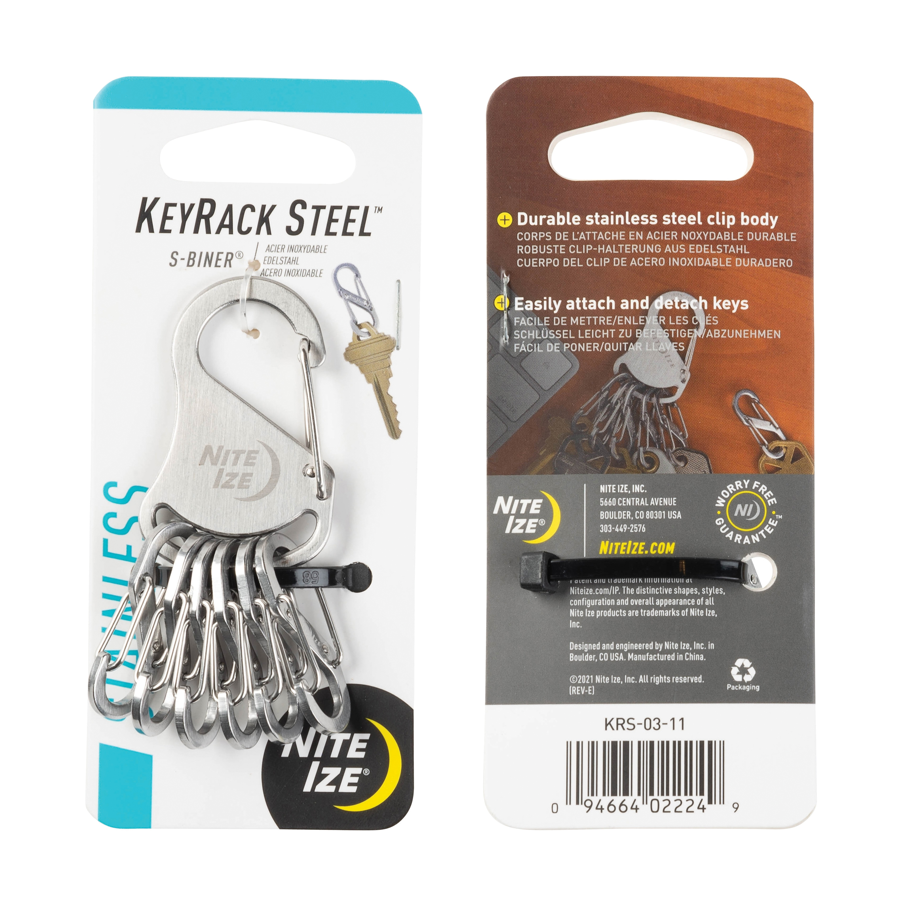 Nite Ize KeyRack Steel S-Biner Series KRS-03-11 Key Rack Carabiner, 3 in OAL, #0.5 Dia Ring, Stainless Steel, Silver - 1