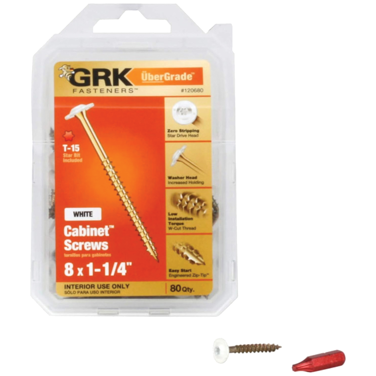 120680 Cabinet Screw, 1-1/4 in L, Low-Profile, Washer Head, Star Drive, Zip-Tip Point, Stainless Steel