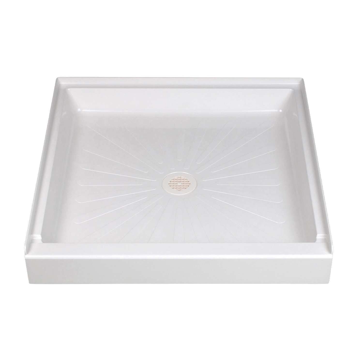 3636M Shower Base, 36 in L, 36 in W, 5-1/2 in H, Fiberglass, White, 2 in Drain