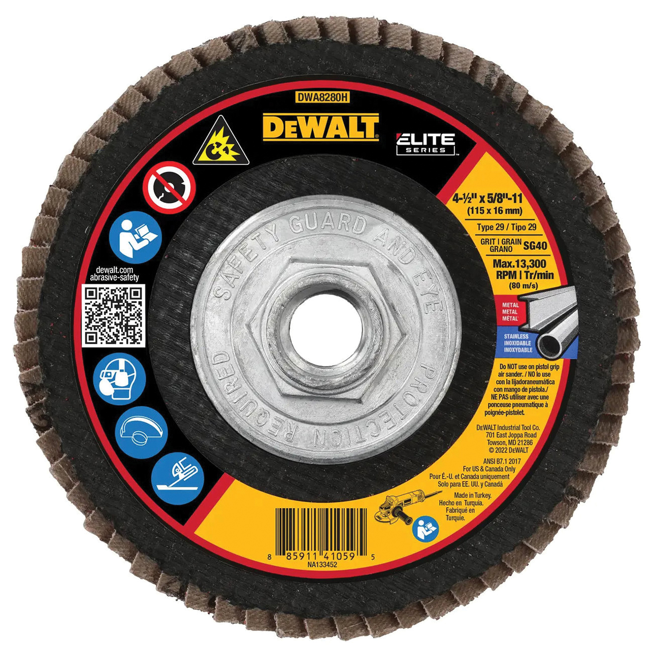 ELITE Series DWA8280H Flap Disc, 4-1/2 in Dia, 5/8-11 Arbor, 40 Grit, Coarse, Ceramic Abrasive, Cloth Backing