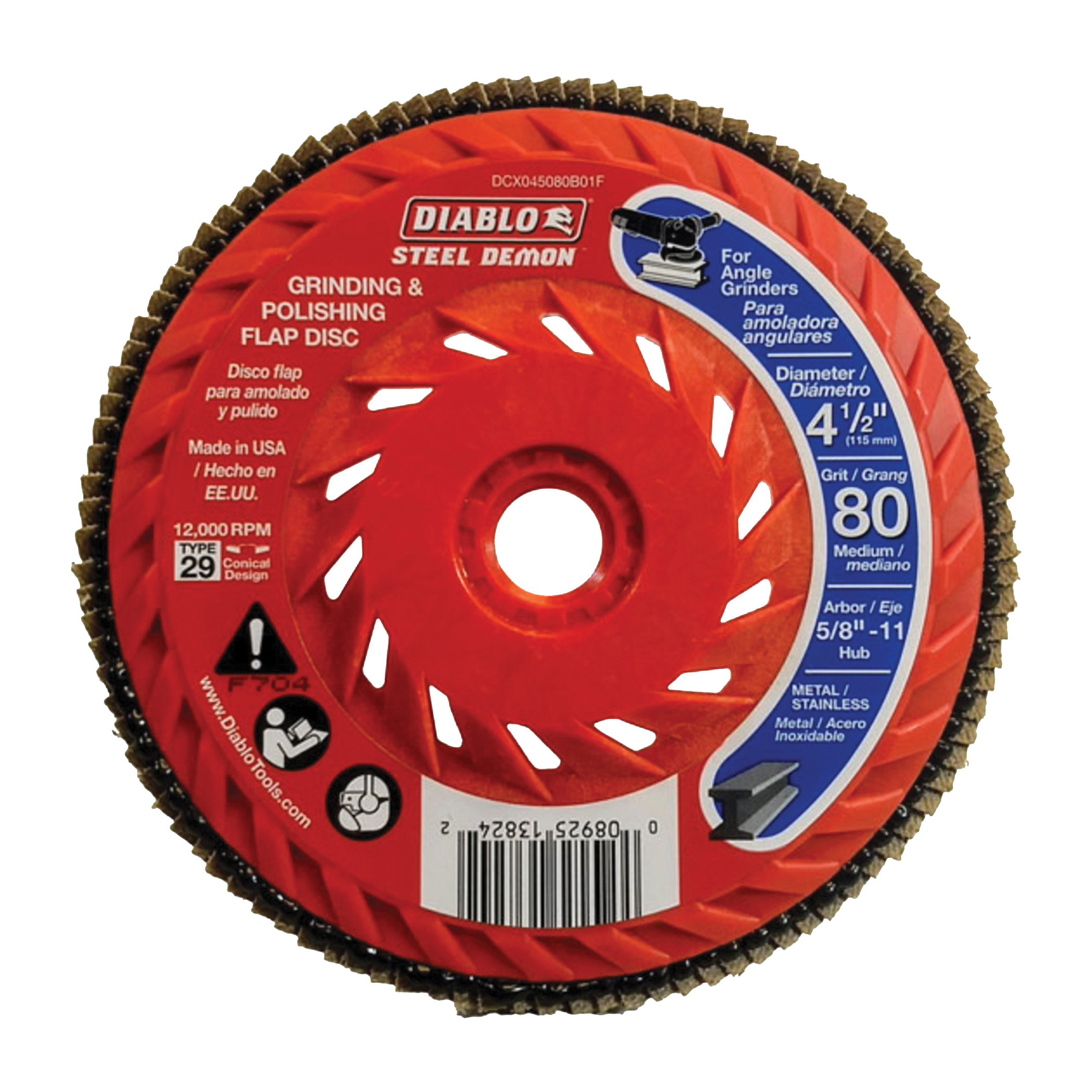 DCX045080B01F Flap Disc, 4-1/2 in Dia, 5/8-11 Arbor, 80 Grit, Medium, Zirconium Abrasive