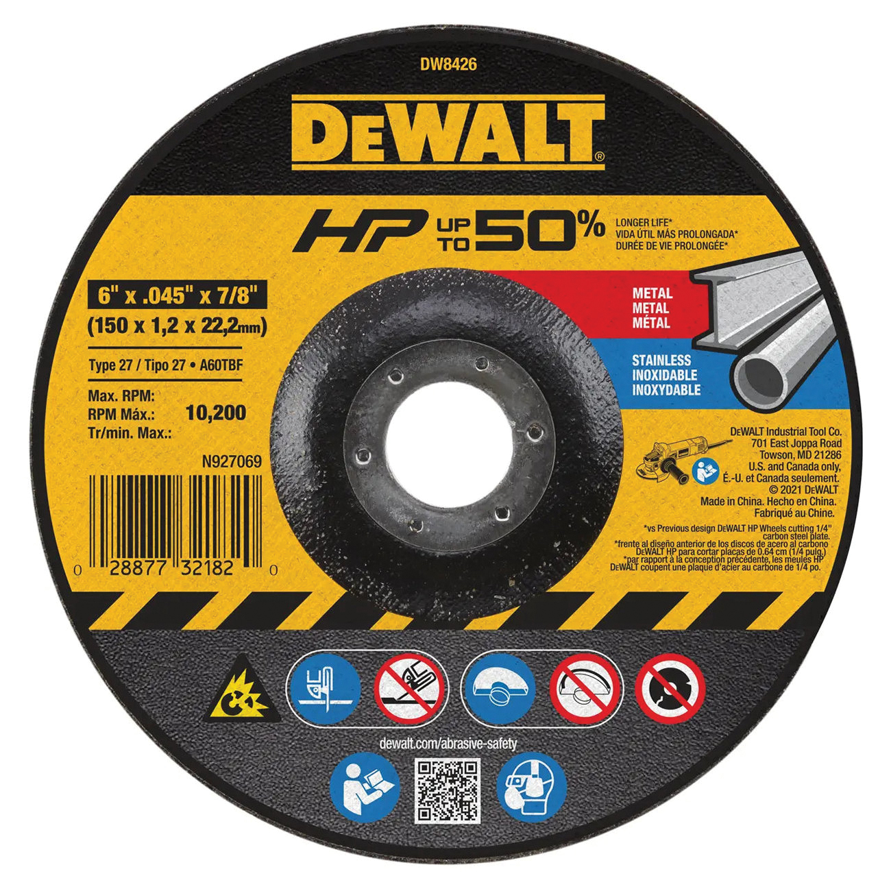 HP DW8426 Cutting Wheel, 6 in Dia, 0.045 in Thick, 7/8 in Arbor, 60 Grit, Medium, Aluminum Oxide Abrasive
