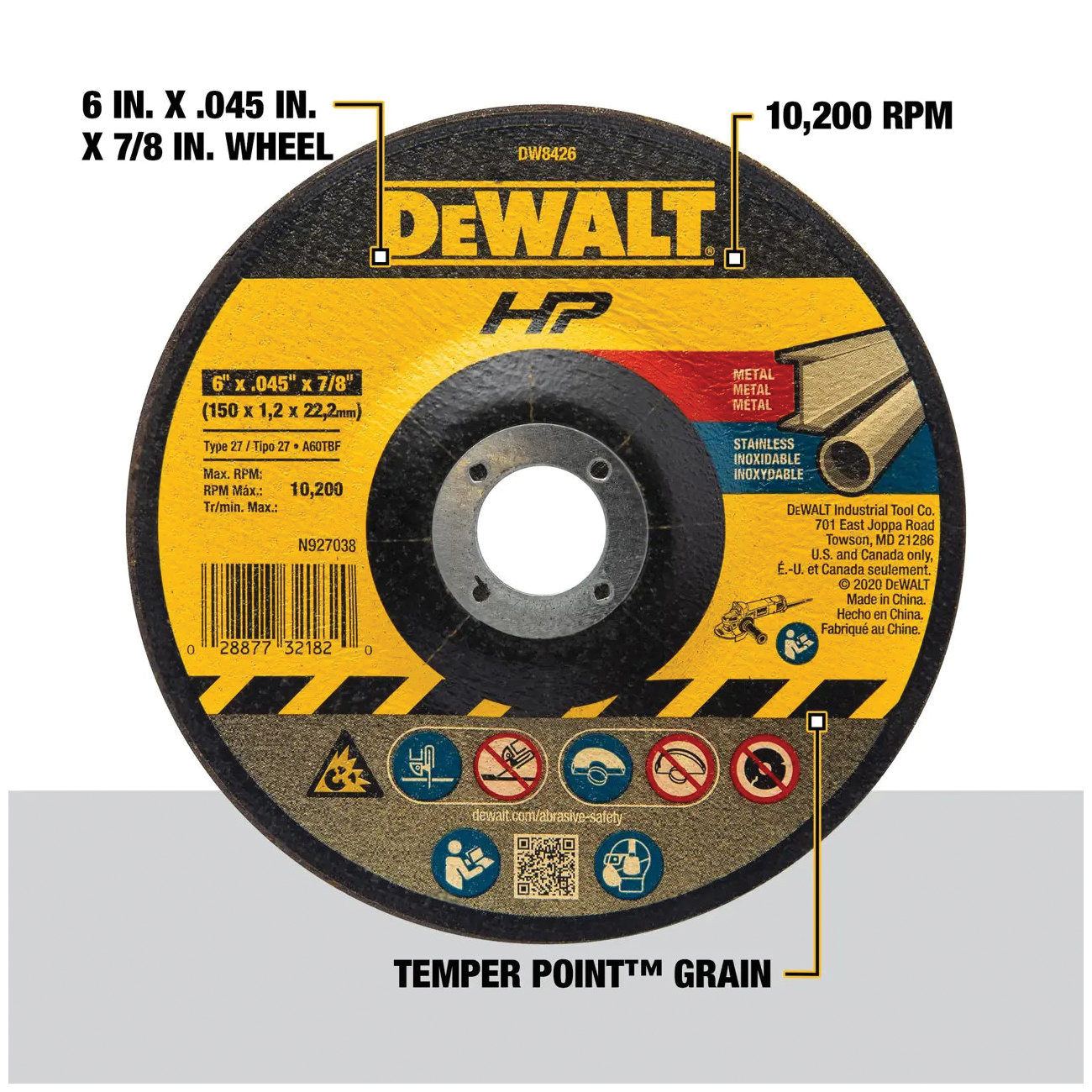 DEWALT HP DW8426 Cutting Wheel, 6 in Dia, 0.045 in Thick, 7/8 in Arbor, 60 Grit, Medium, Aluminum Oxide Abrasive - 3