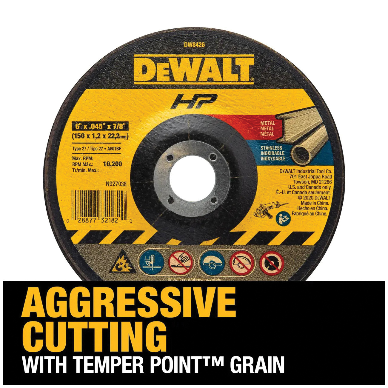 DEWALT HP DW8426 Cutting Wheel, 6 in Dia, 0.045 in Thick, 7/8 in Arbor, 60 Grit, Medium, Aluminum Oxide Abrasive - 4