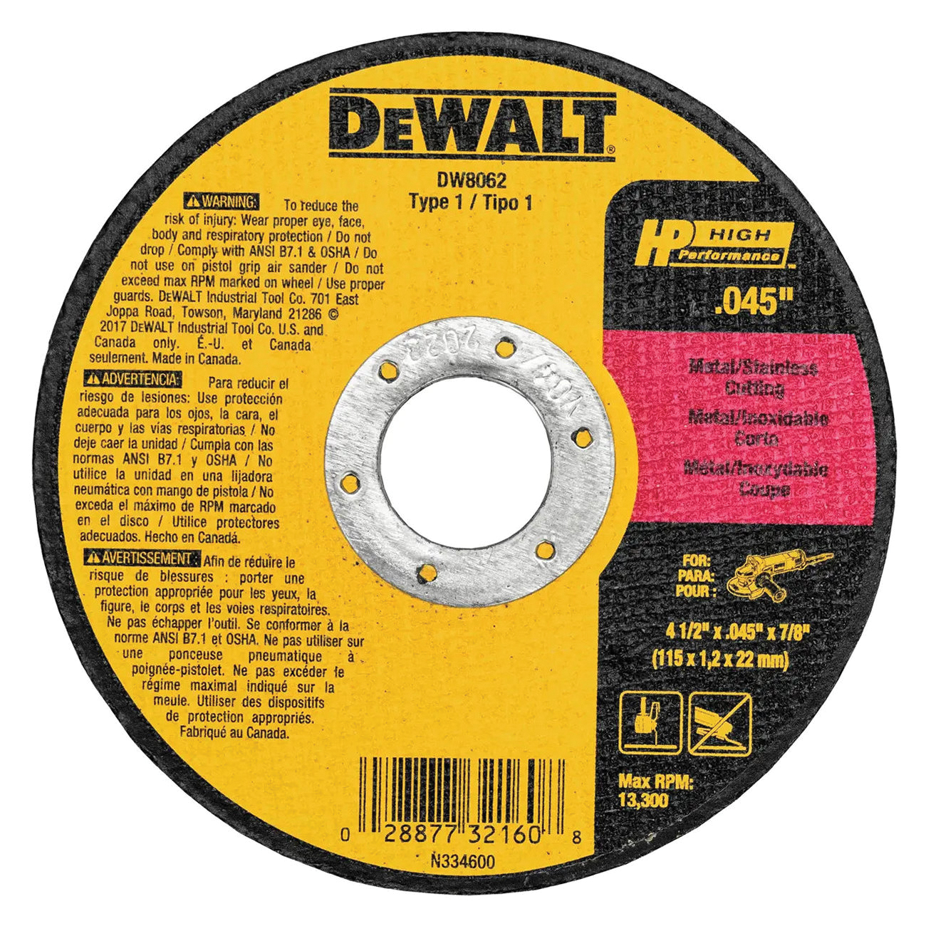 DW8062B5 Cutting Wheel, 4-1/2 in Dia, 0.045 in Thick, 7/8 in Arbor, 60 Grit, Aluminum Oxide Abrasive