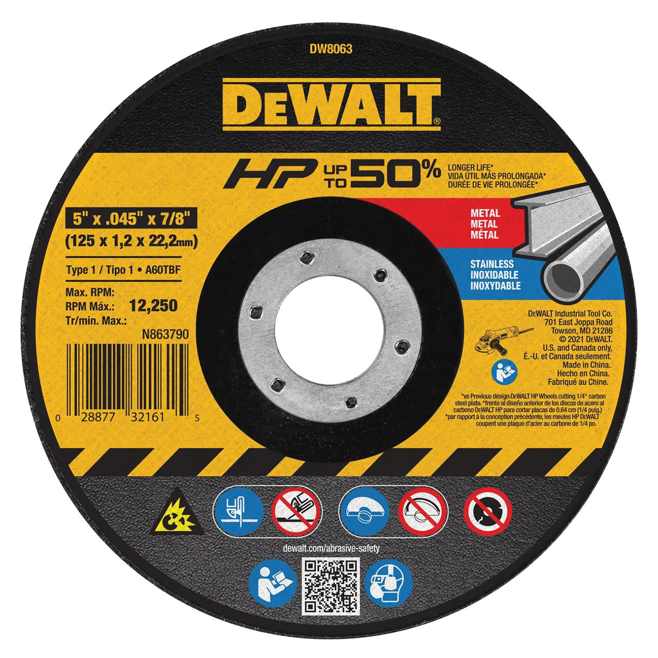 HP DW8063 Cutting Wheel, 5 in Dia, 0.045 in Thick, 7/8 in Arbor, 60 Grit, Coarse, Aluminum Oxide Abrasive