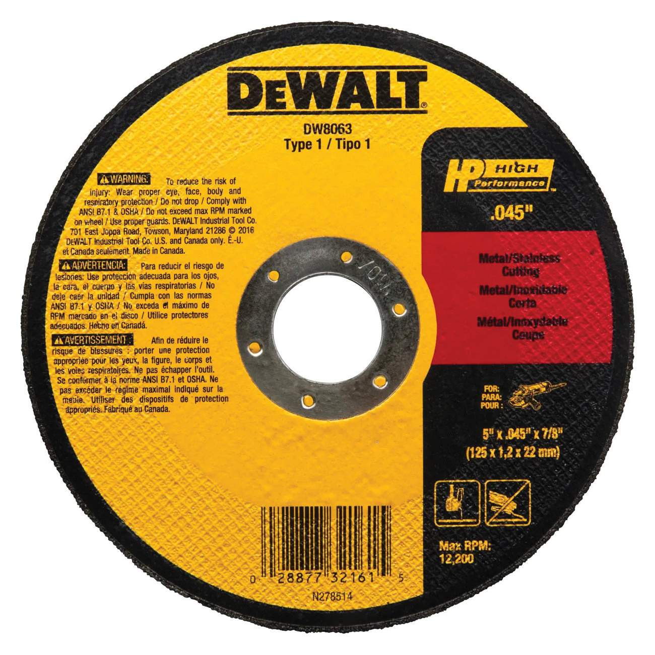 DEWALT HP DW8063 Cutting Wheel, 5 in Dia, 0.045 in Thick, 7/8 in Arbor, 60 Grit, Coarse, Aluminum Oxide Abrasive - 2