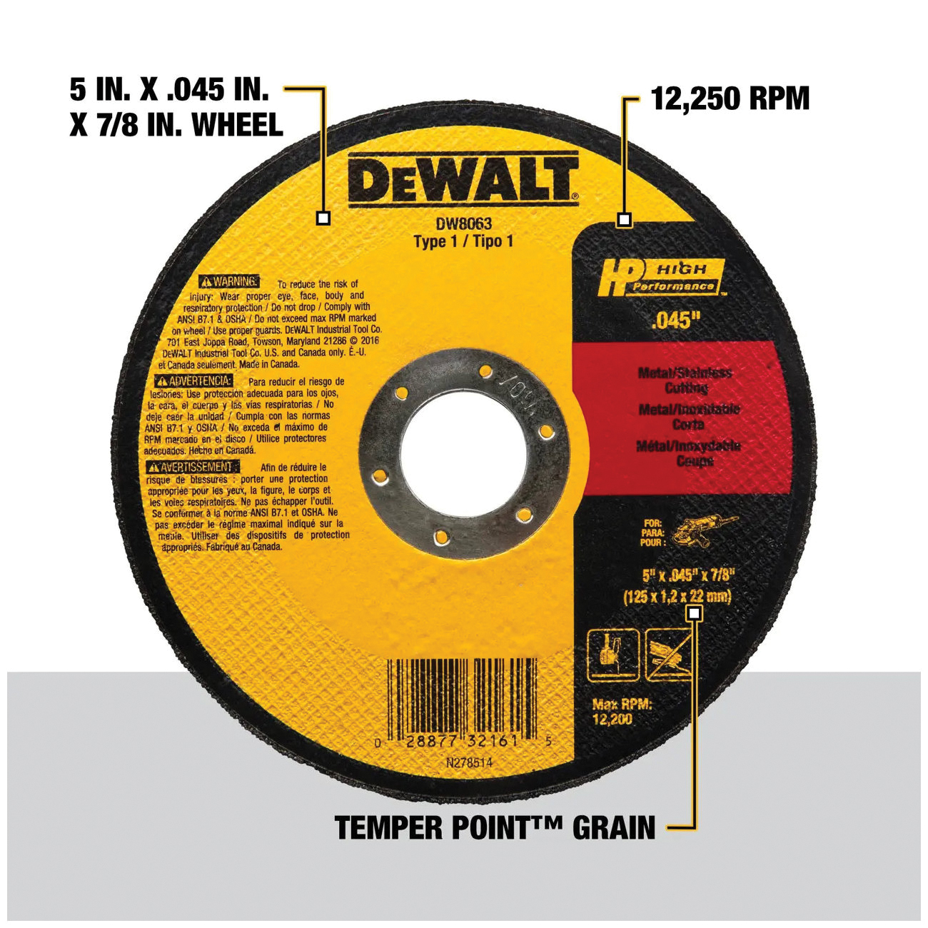DEWALT HP DW8063 Cutting Wheel, 5 in Dia, 0.045 in Thick, 7/8 in Arbor, 60 Grit, Coarse, Aluminum Oxide Abrasive - 3