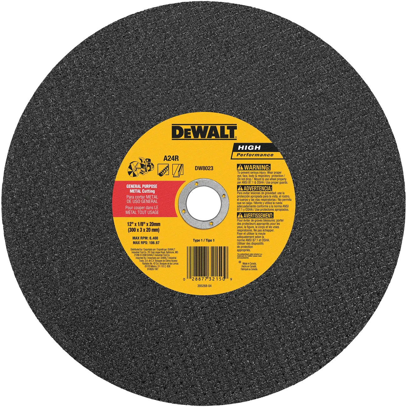 DW8023 Cutting Wheel, 12 in Dia, 1/8 in Thick, 20 in Arbor, 24 Grit, Aluminum Oxide Abrasive