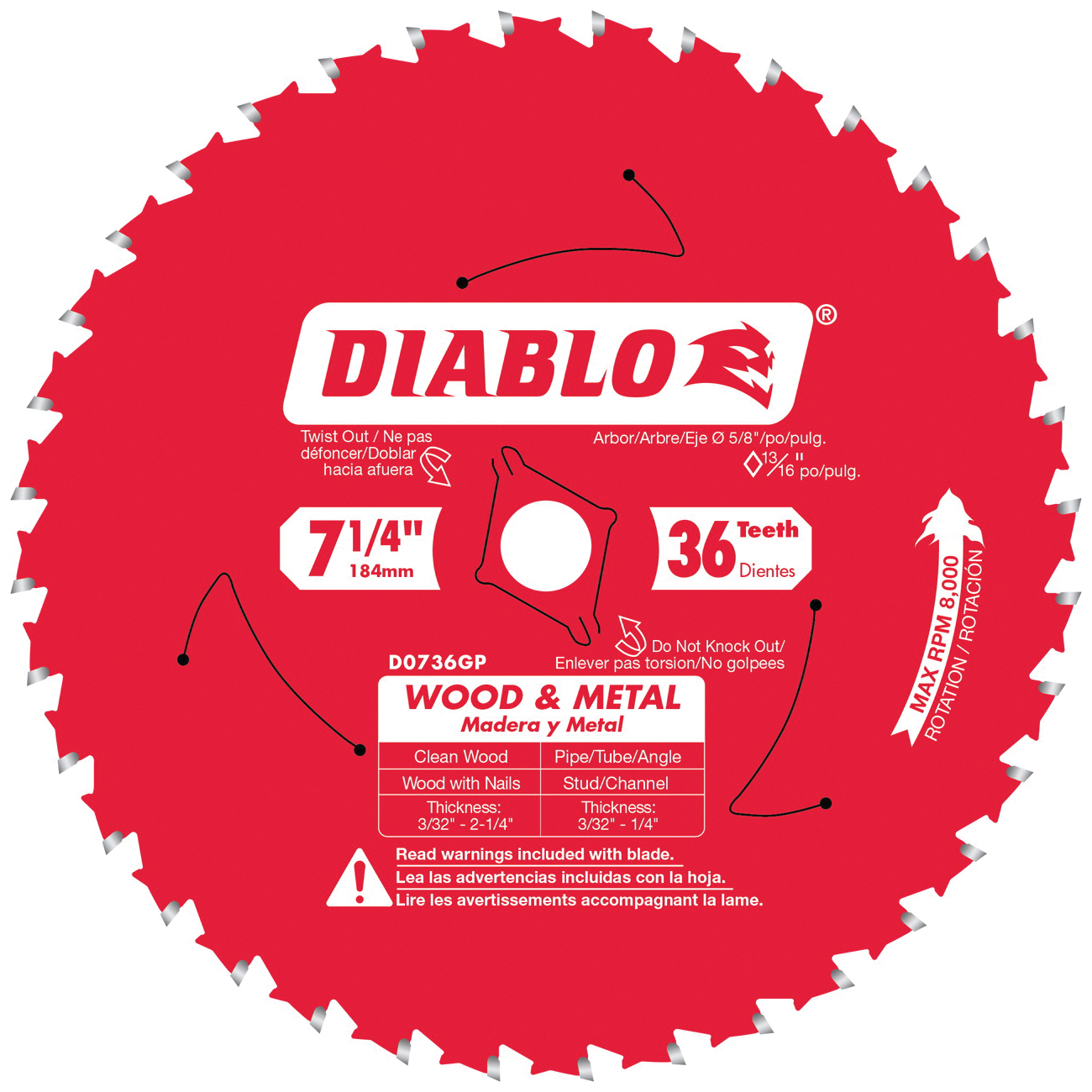 D0736GPX Circular Saw Blade, 7-1/4 in Dia, 5/8 in Arbor, 36-Teeth, Carbide Cutting Edge