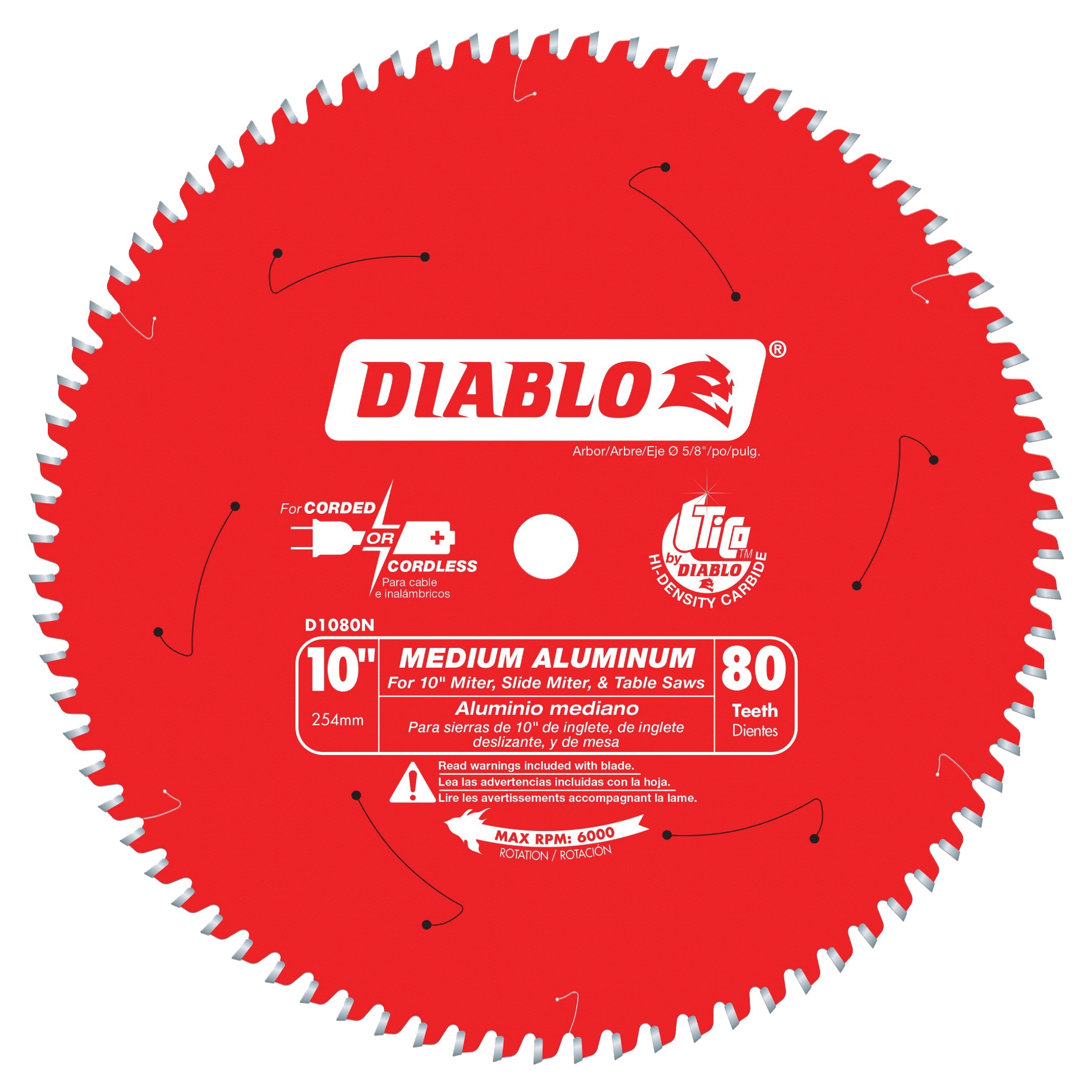 D1080N Circular Saw Blade, 10 in Dia, 5/8 in Arbor, 80-Teeth, Carbide Cutting Edge