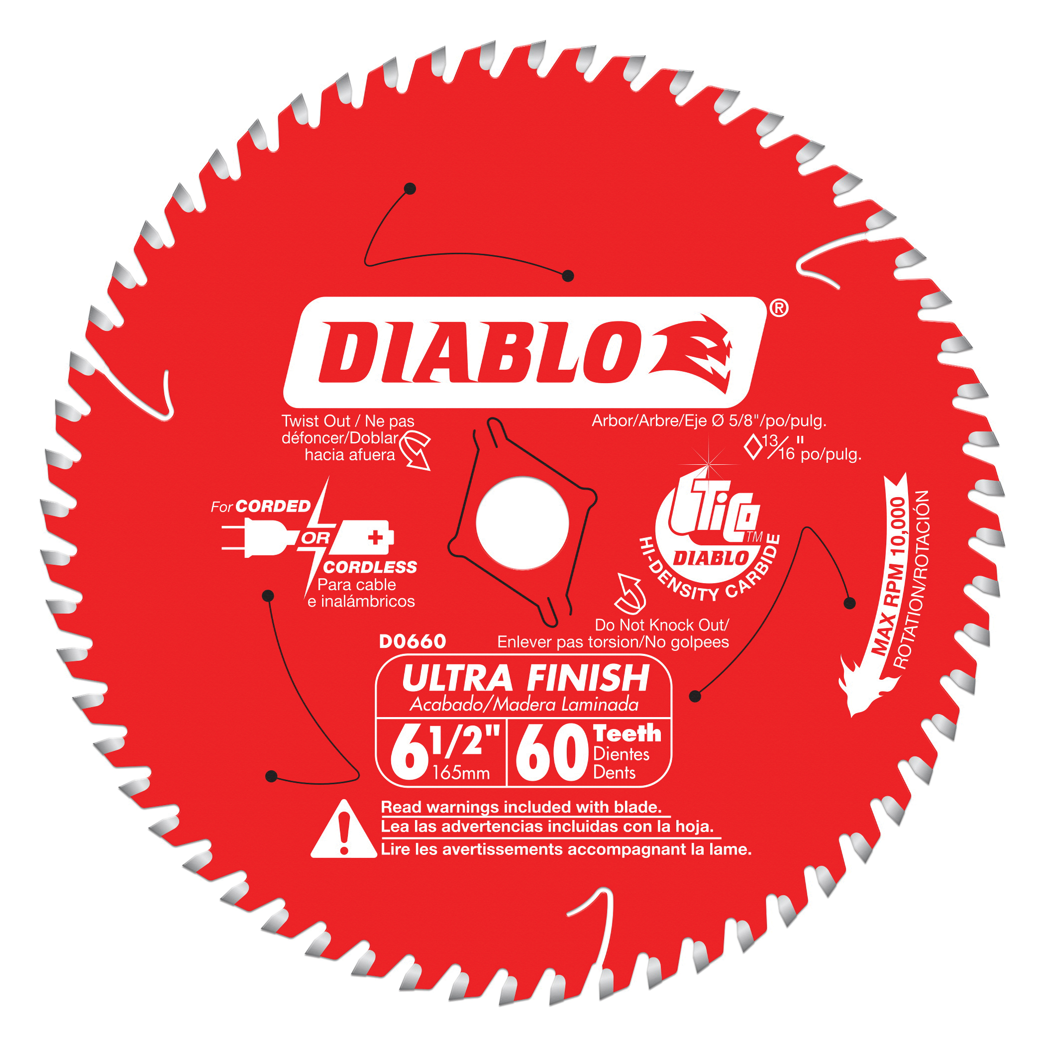 D0660A Circular Saw Blade, 6-1/2 in Dia, 5/8 in Arbor, 60-Teeth, Carbide Cutting Edge