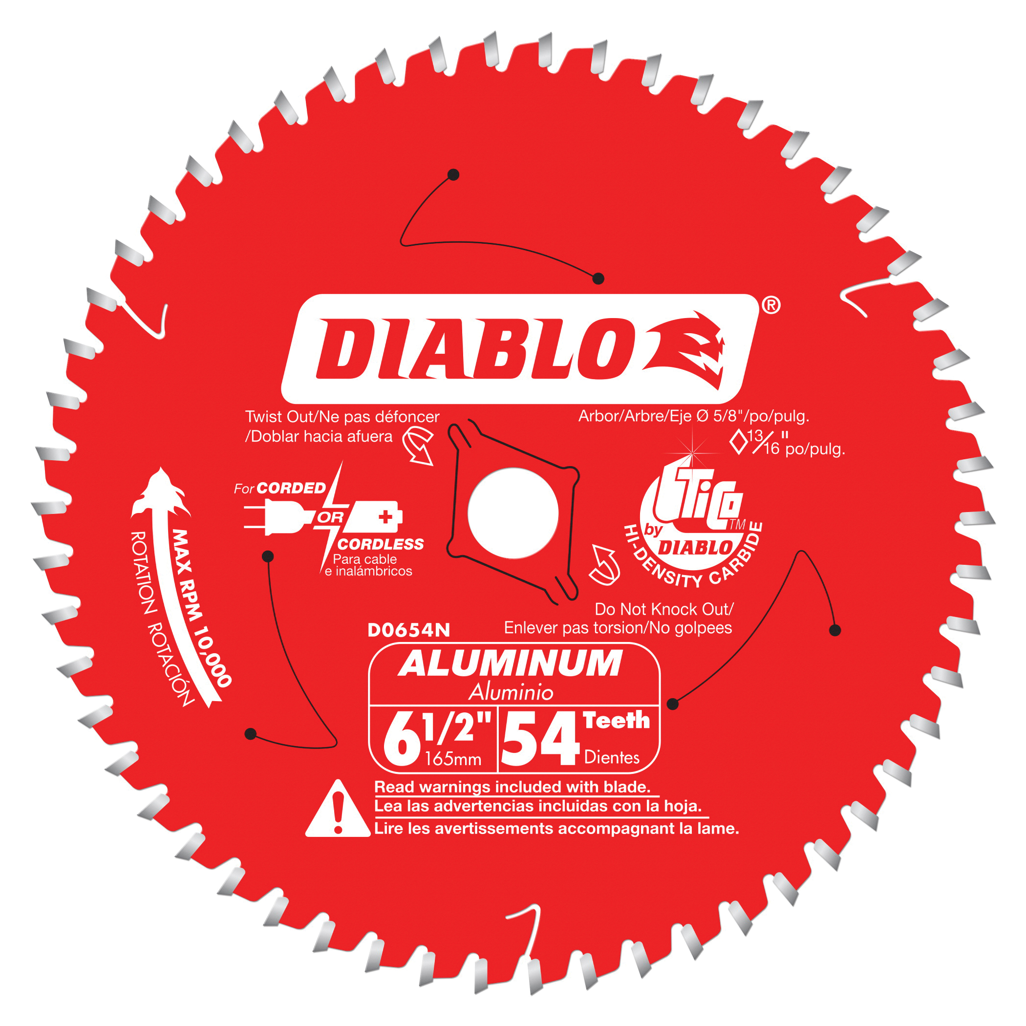 D0654N Circular Saw Blade, 6-1/2 in Dia, 5/8 in Arbor, 54-Teeth, Carbide Cutting Edge