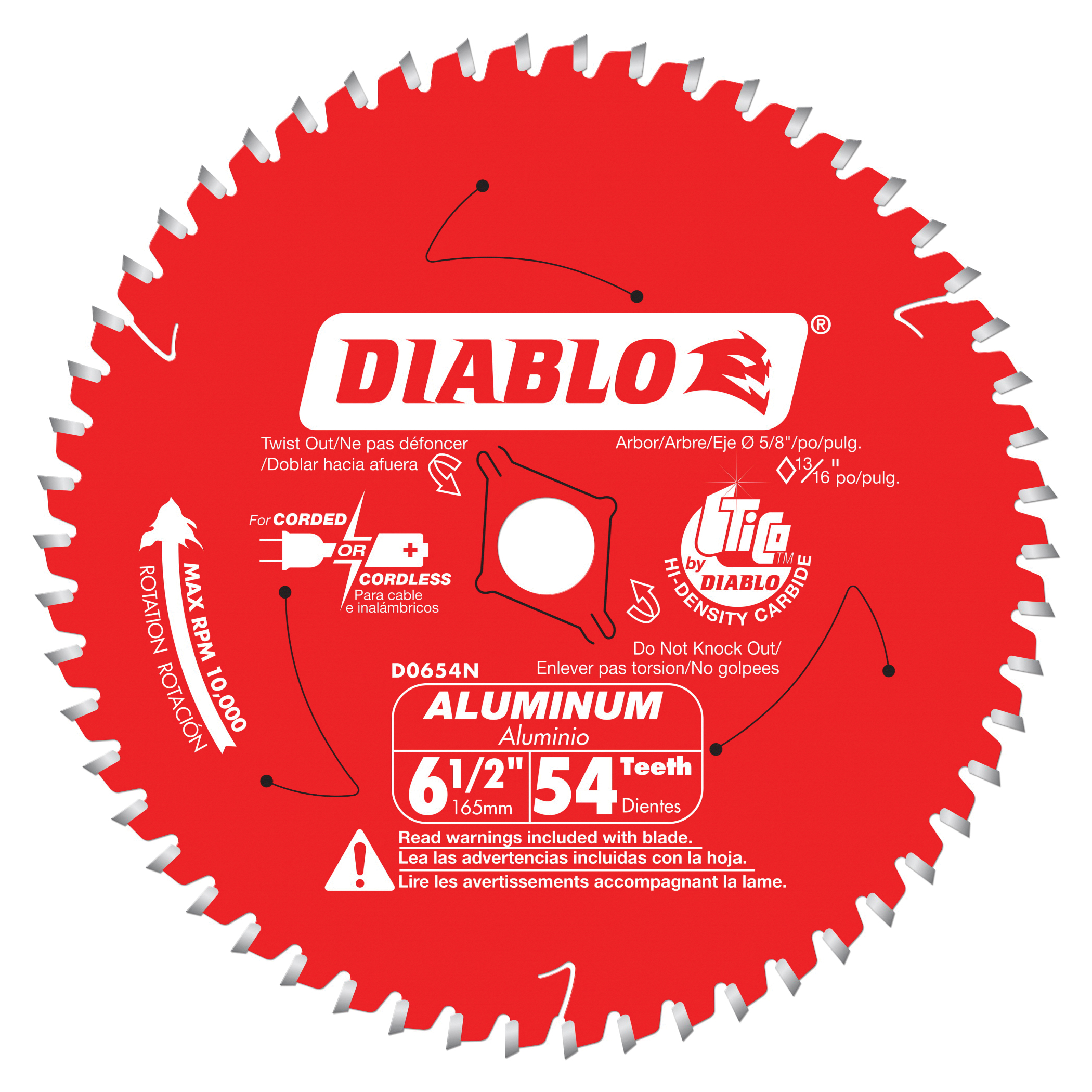 Diablo D0654N Circular Saw Blade, 6-1/2 in Dia, 5/8 in Arbor, 54-Teeth, Carbide Cutting Edge