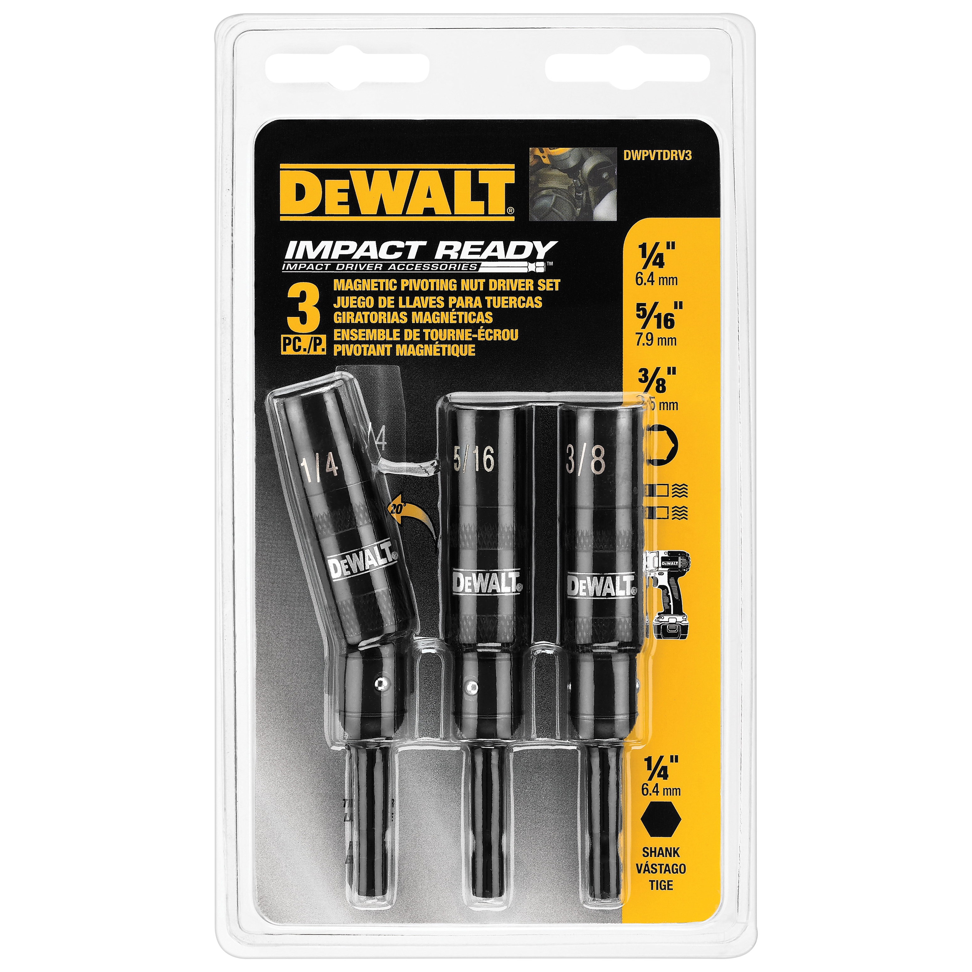DeWALT DWPVTDRV3 Impact Ready Nut Driver Set, 3-Piece, Steel, Magnesium Phosphate