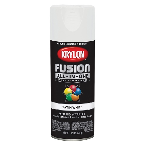 K02753007 Spray Paint, 12 oz Can, 25 sq-ft Coverage Area, Acrylic Base, Satin, White, Exterior, Interior, 25 minute drying time, Exterior, Interior Use