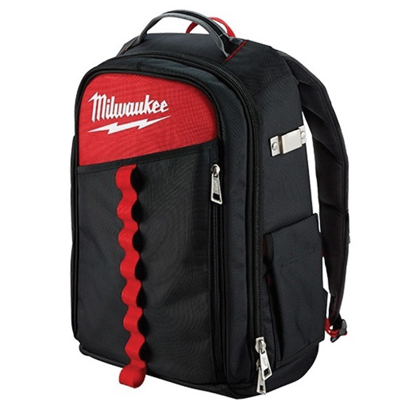 Milwaukee 48-22-8202 Low-Profile Backpack, 11.8 in W, 7.87 in D, 19.6 in H, 22-Pocket, 1680D Ballistic Nylon, Black/Red - 2