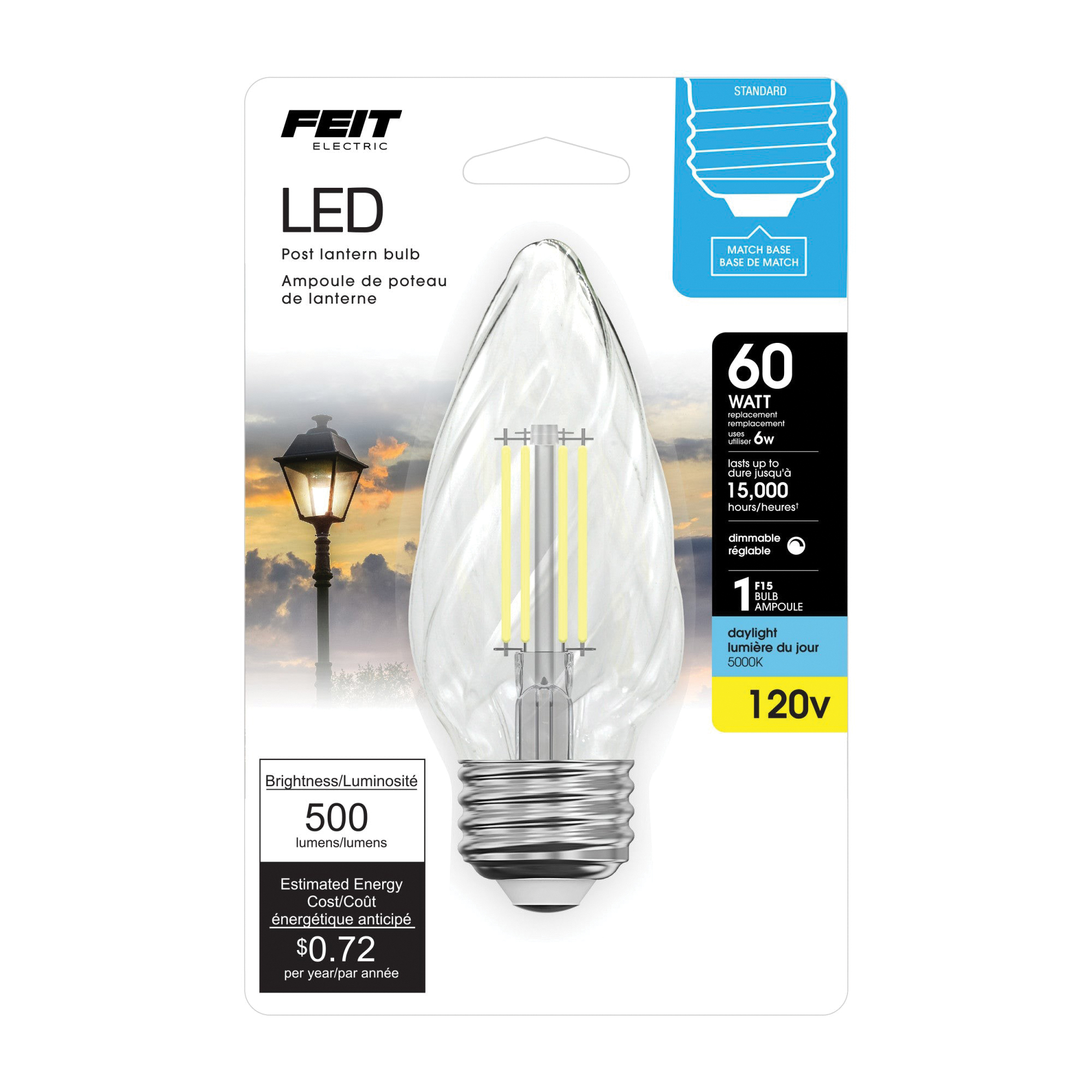 Feit Electric BPF1560/850/FILED LED Bulb, Decorative, F15 Lamp, 60 W Equivalent, E26 Medium Lamp Base, Dimmable, Clear - 3