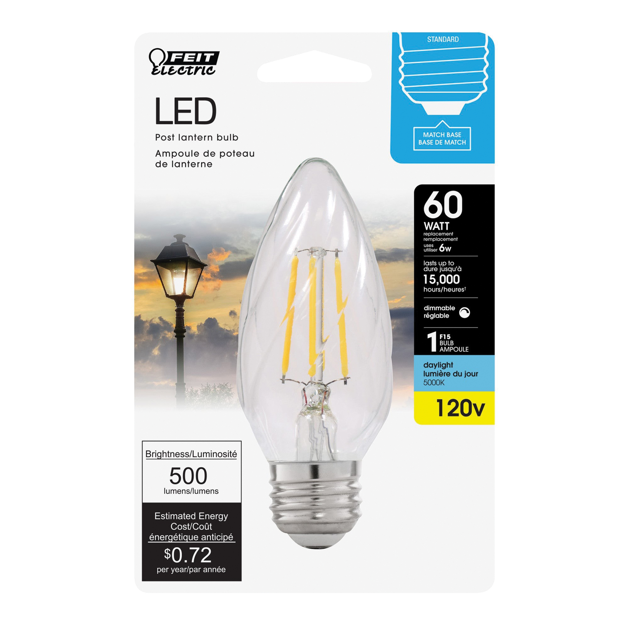 Feit Electric BPF1560/850/FILED LED Bulb, Decorative, F15 Lamp, 60 W Equivalent, E26 Medium Lamp Base, Dimmable, Clear - 4