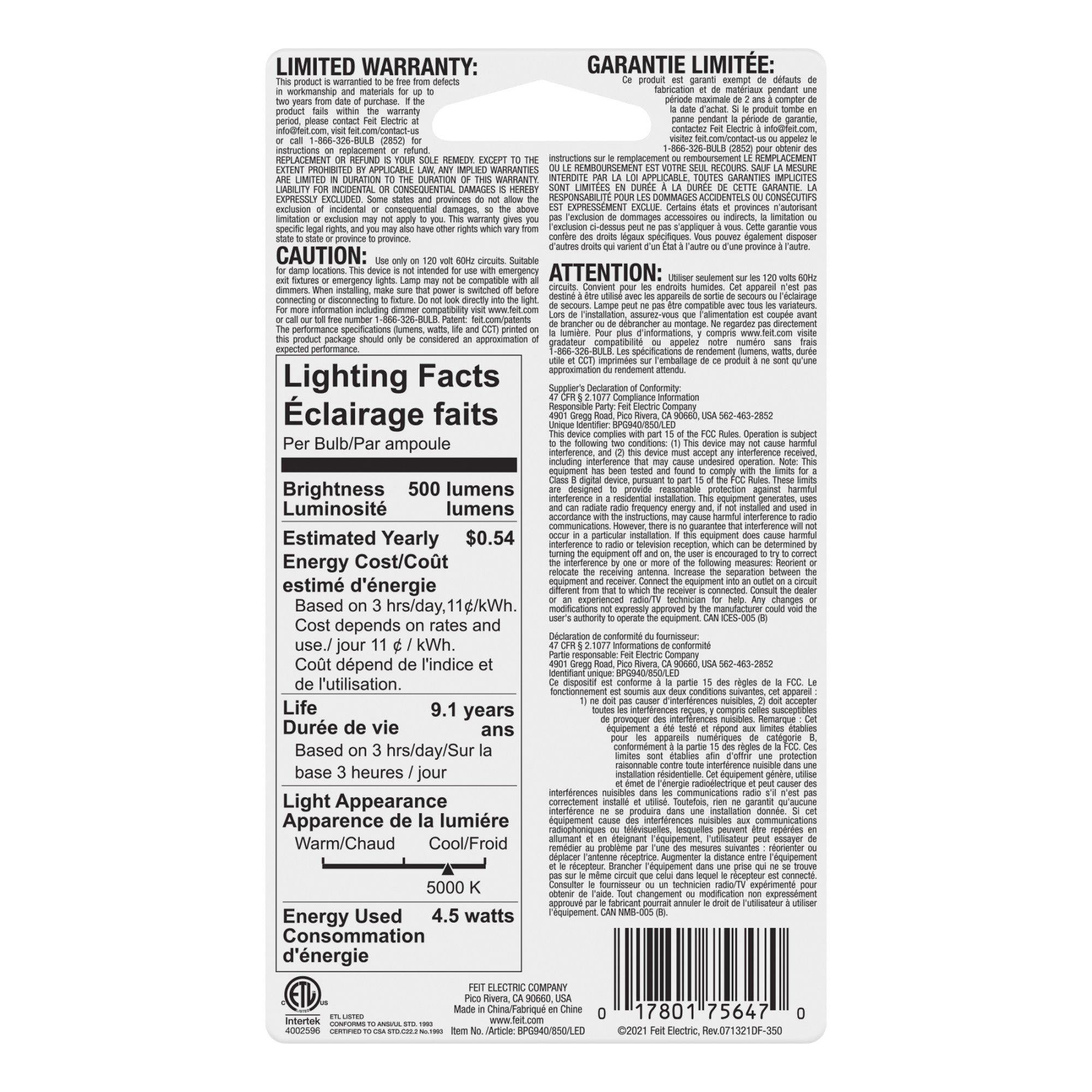 Feit Electric BPG940/850/LED LED Bulb, Specialty, 500 Lumens, 4.5 W, Wedge Lamp, 40 W Equivalent, G9 Lamp Base, Dimmable - 3