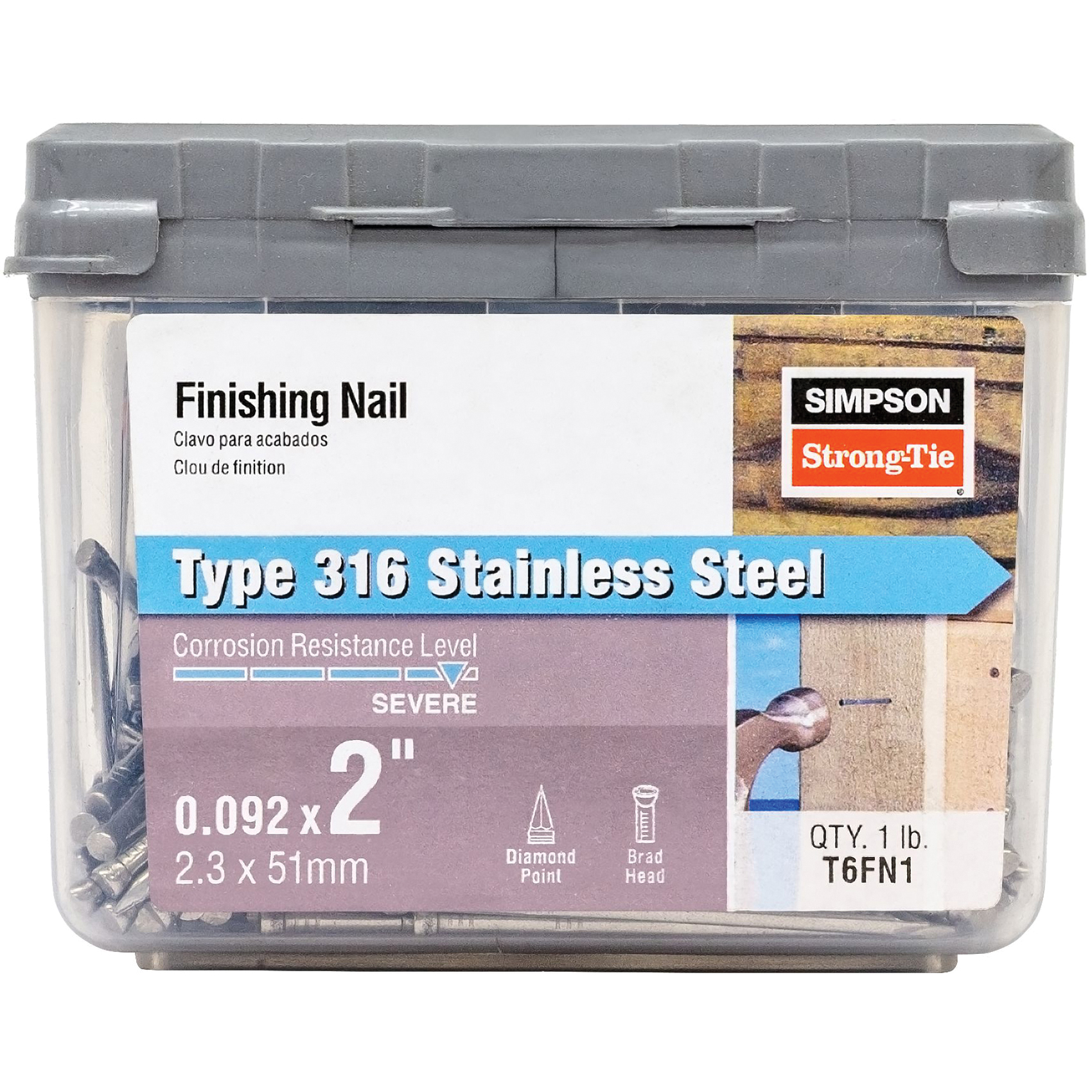 T6FN1 Finishing Nail, 6D, 2 in L, 13 ga Gauge, Stainless Steel, Brad Head, Smooth Shank