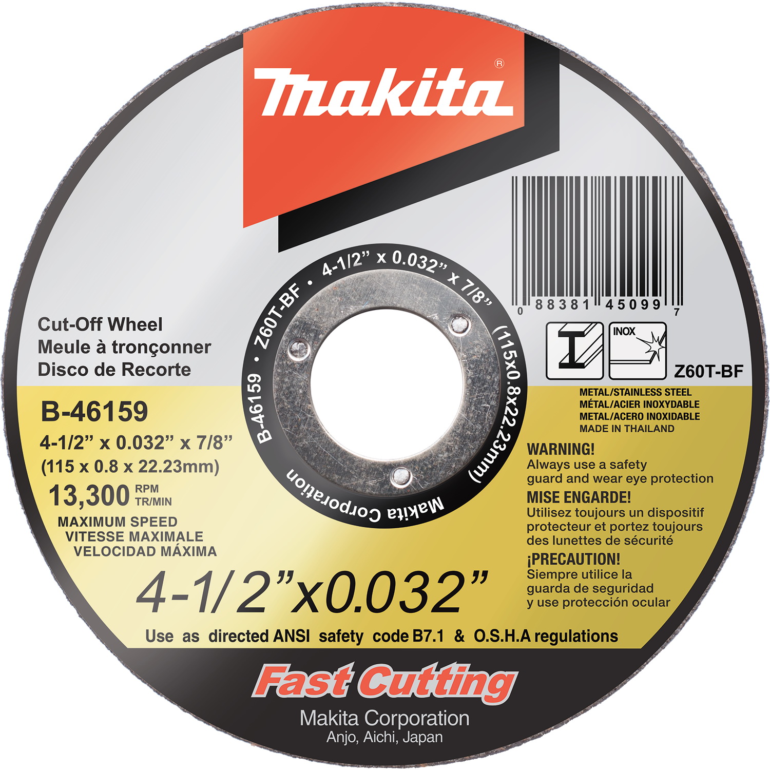 Makita B-46159-25 Cut-Off Wheel, 4-1/2 in Dia, 0.032 in Thick, 7/8 in Arbor, 60 Grit, Zirconia Aluminum Abrasive - 1