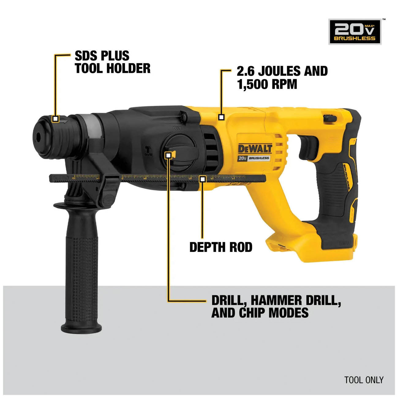 DEWALT 20V MAX DCH133B Brushless Cordless Rotary Hammer, Tool Only, 20 V, 1 in Chuck, SDS-Plus Chuck, 0 to 5550 bpm BPM - 4