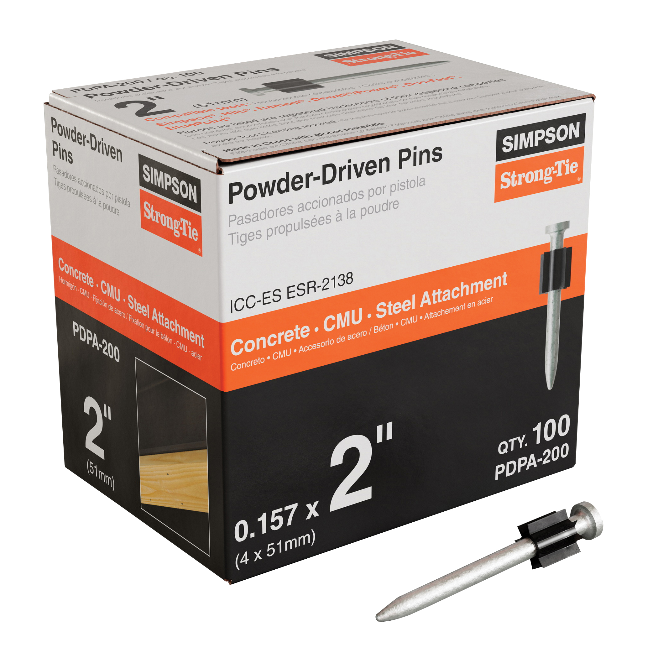 PDPA PDPA-200 Drive Pin, 0.157 in Dia Shank, 2 in L, Steel, Galvanized