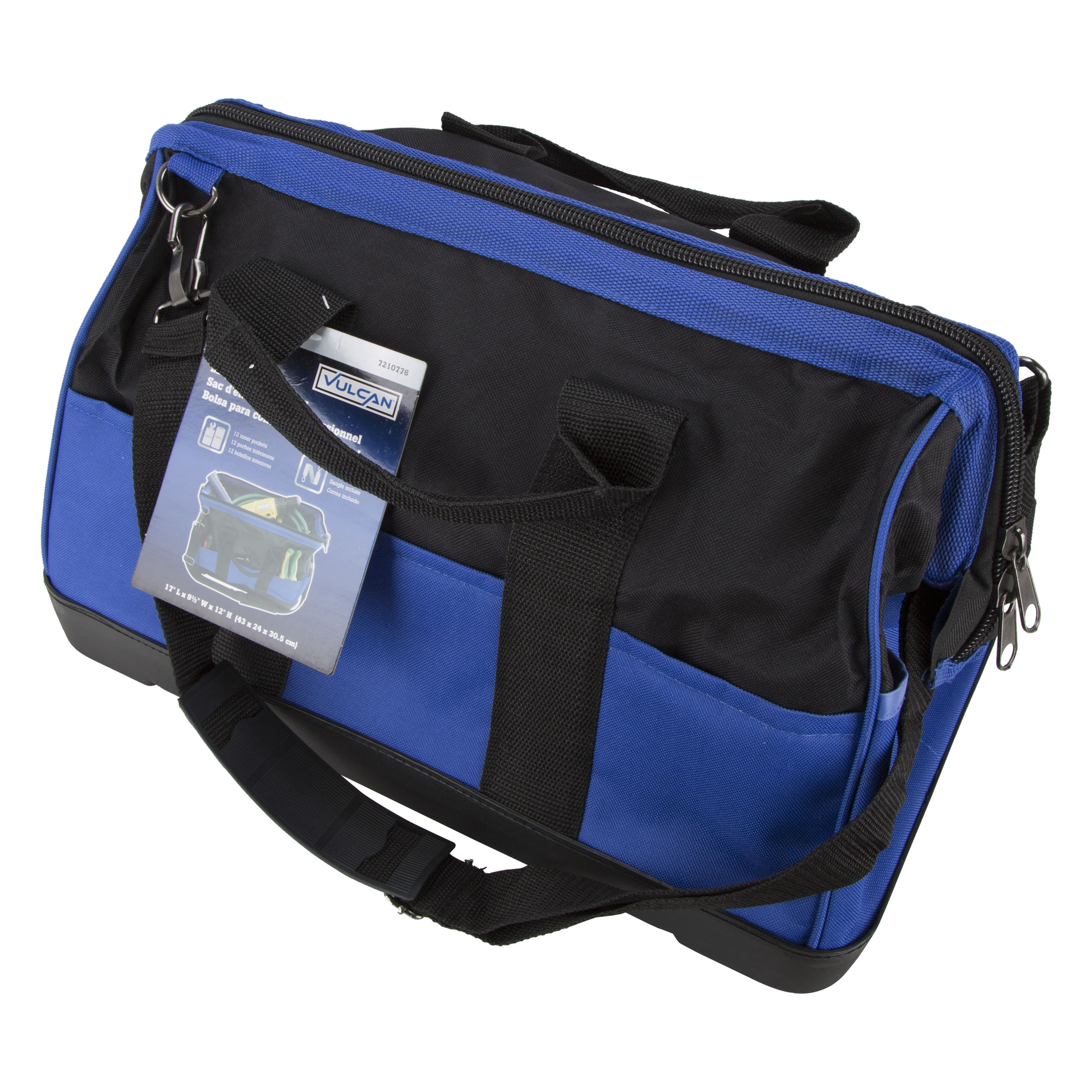 JL-89022P Contractor's Tool Bag, 9-1/2 in W, 17 in D, 12 in H, 22-Pocket, Nylon, Black/Blue