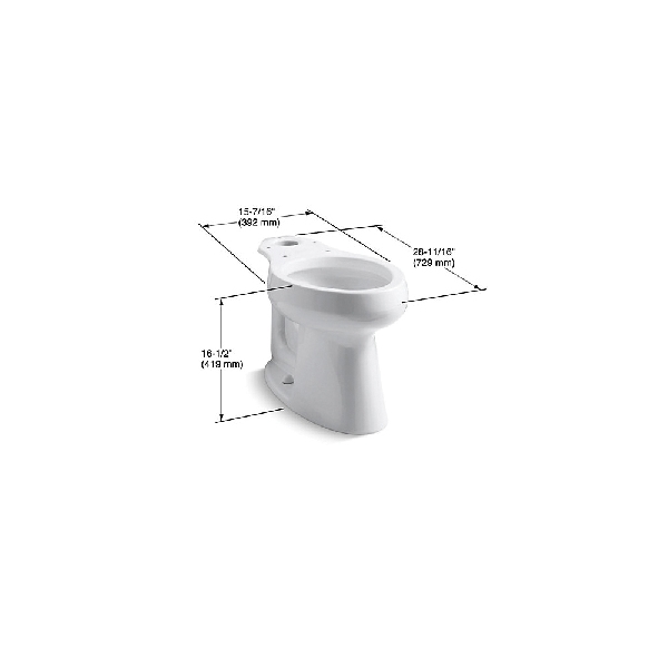 Kohler K-4199-0 Toilet Bowl, Elongated, 1.28 to 1.6 gpf Flush, 12 in Rough-In, Vitreous China, White, Floor Mounting