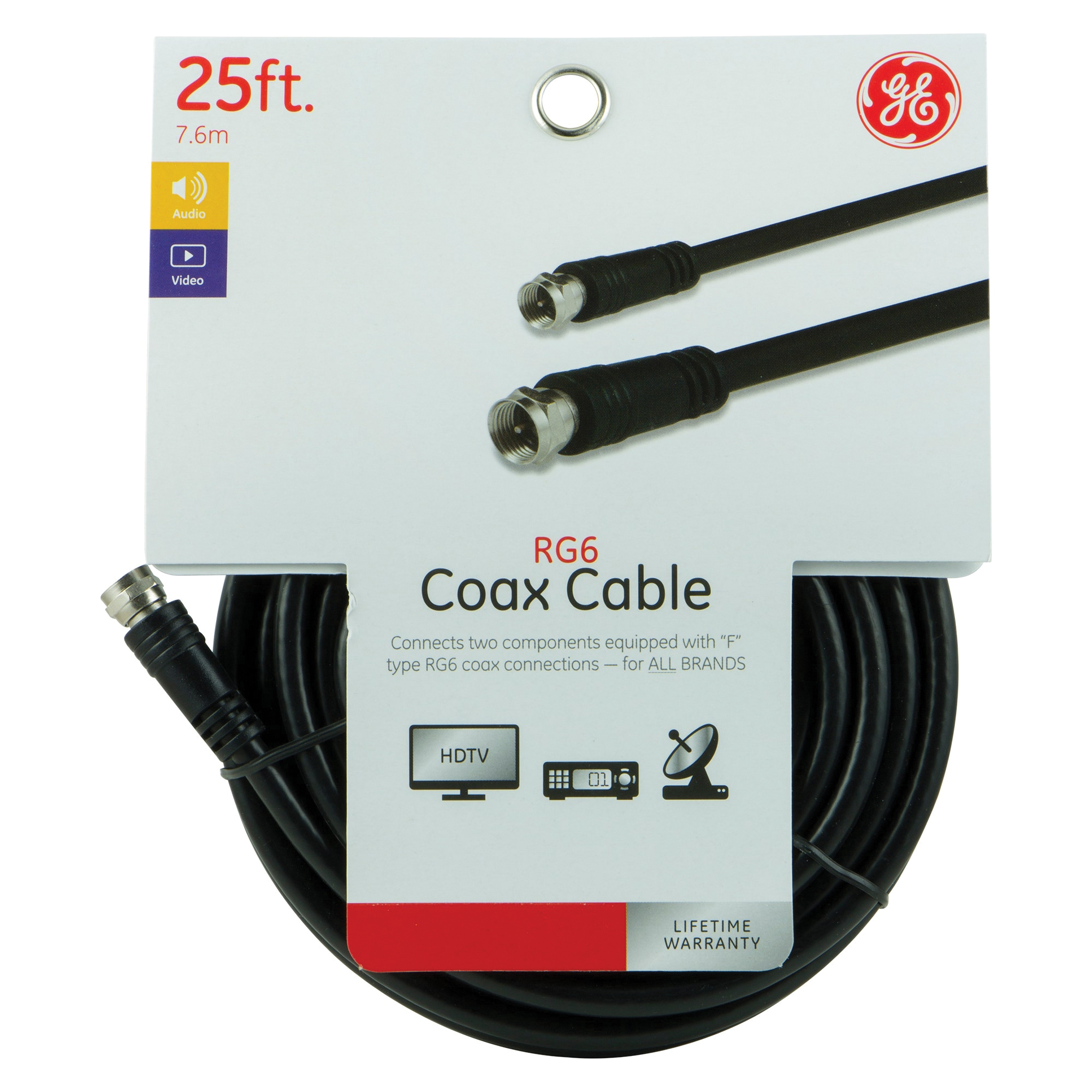 GE 33598 Coaxial Video Cable, F-Type, Female, Black Sheath, 25 ft L