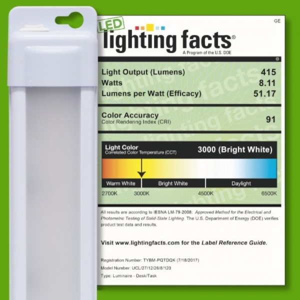 GE 38845-T1 Under Cabinet Light Fixture, 120 VAC, LED Lamp, 415 Lumens, 3000 K Color Temp, Plastic Fixture
