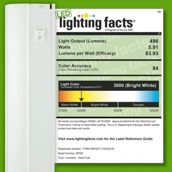 GE 26763 Under Cabinet Light Fixture, 120 VAC, LED Lamp, 496 Lumens, 3000 K Color Temp, Steel Fixture