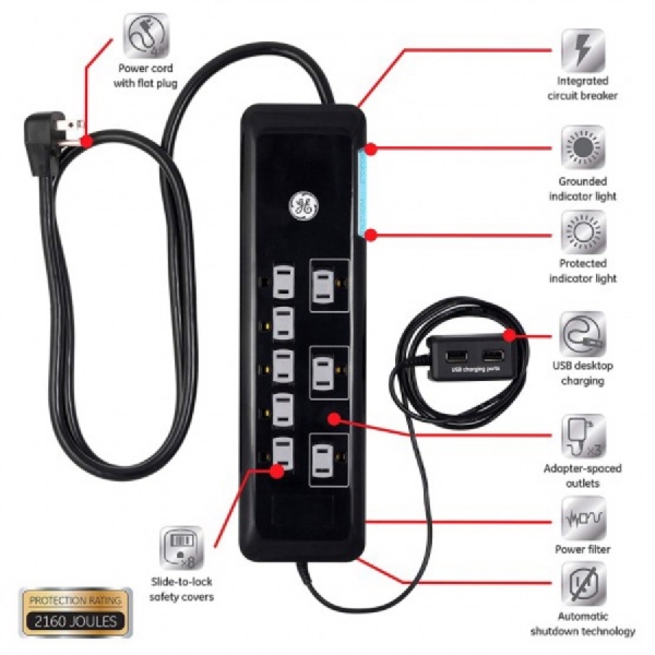 GE 34117 Surge Protector, 15 A, 8 -Outlet, 2160 J Energy, Black