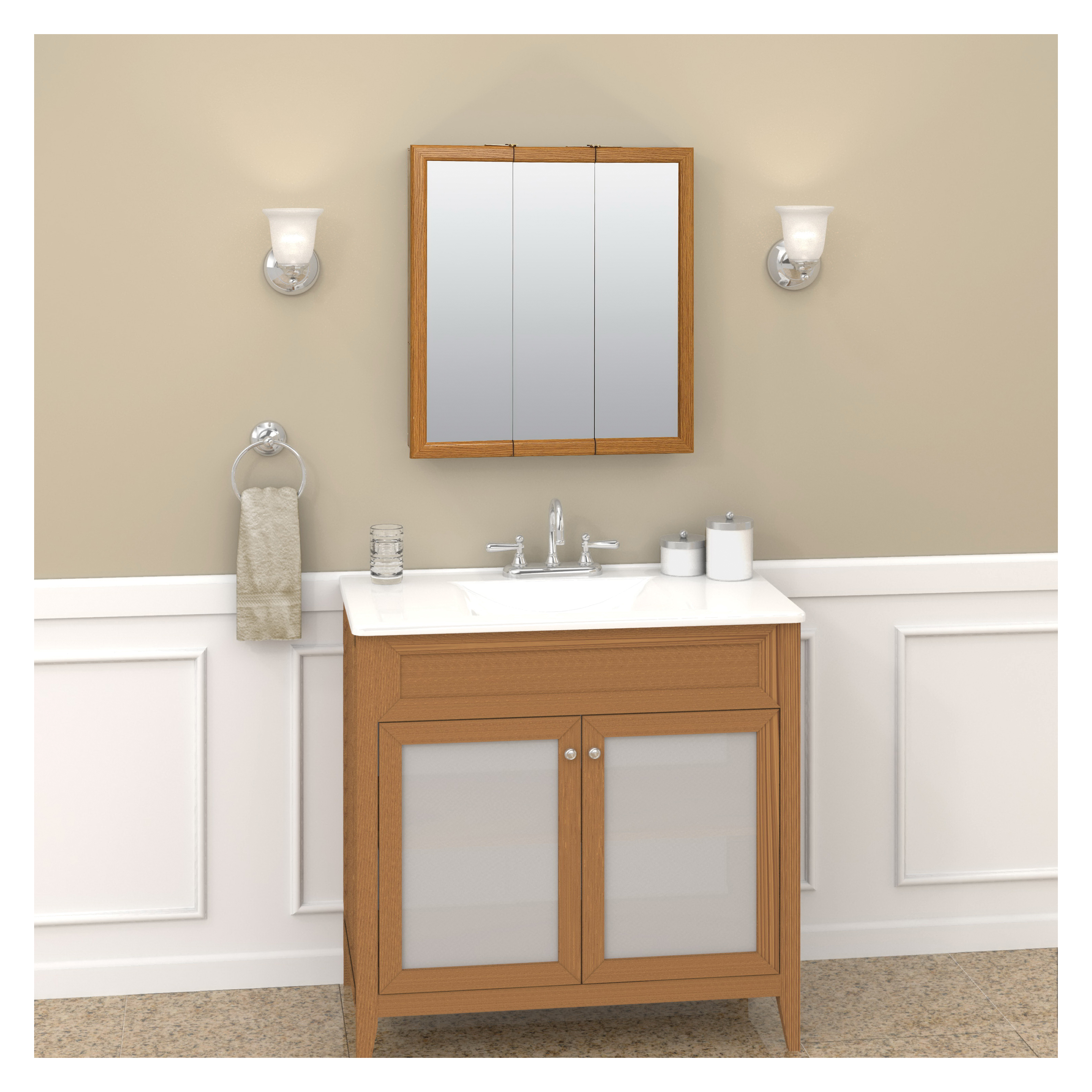Mirrored Medicine Cabinet, Zenith, 24 in W x 4.5 in D x 26 in H, Wood, Oak, 2-Shelf - 2