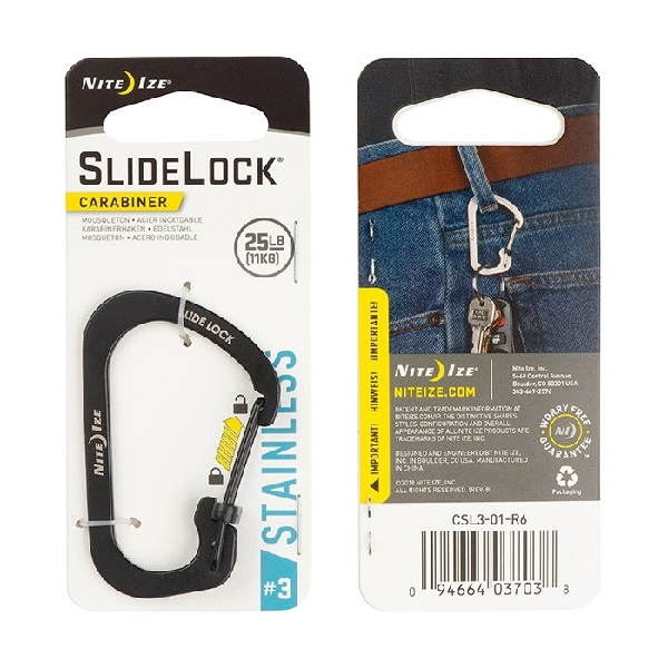 Nite Ize SlideLock CSL3-01-R6 Key Carabiner, 1-1/2 in OAL, #3 Dia Ring, Stainless Steel, Black
