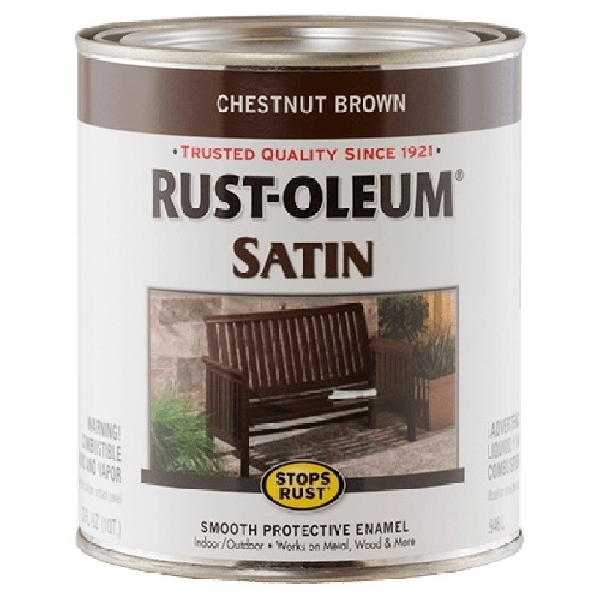 Rust-Oleum Stops Rust 7774502 Enamel Paint, Oil, Satin, Chestnut Brown, 1 qt, Can, 60 to 100 sq-ft/qt Coverage Area