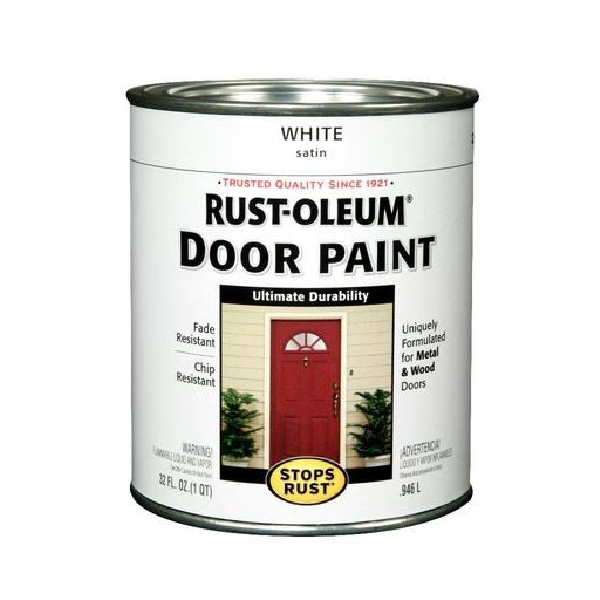 Rust-Oleum Stops Rust 238311 Door Paint, Oil, Satin, White, 1 qt, Can, 60 to 105 sq-ft Coverage Area