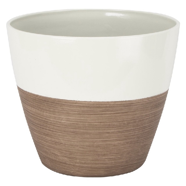 Landscapers Select PT-S067 Planter, 8 in Dia, 7 in H, Round, Resin, Ivory/Wood, Ivory/Wood - 1