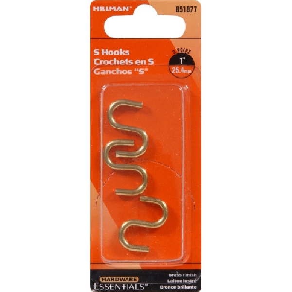 Hardware Essentials 851877 S-Hook, 20 lb Working Load, 0.121 in Dia Wire, Brass, Brass