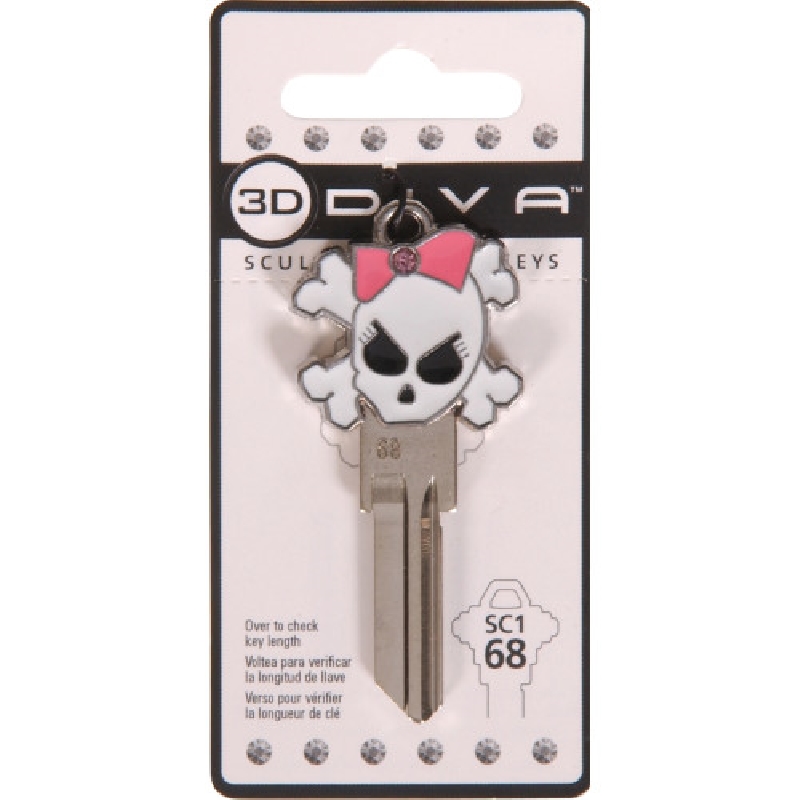 Hillman 87500 Key Blank, Girly Skull 3D, Brass, Nickel, For: Schlage/68 SC1 Locks