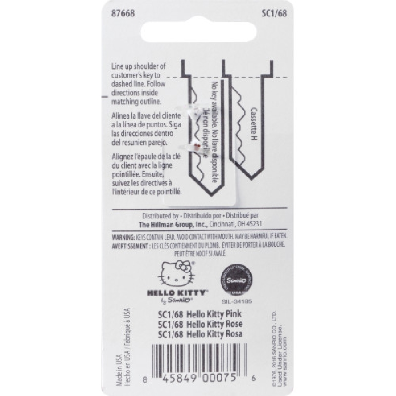 Hillman 87668 Key Blank, Hello Kitty, Brass, Nickel, For: Schlage/68 SC1 Locks