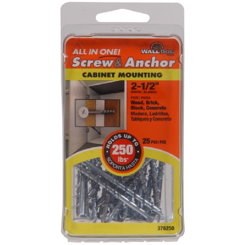 Hillman Walldog 376250 Cabinet Anchor Screw, 2-1/2 in L, Steel, 250 lb