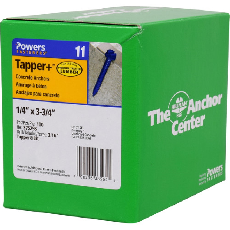 Tapper Concrete Screw Anchor, Hillman, Blue, Slotted-Drive, Hex Washer-Head, 1/4 in x 3-3/4 in - 3