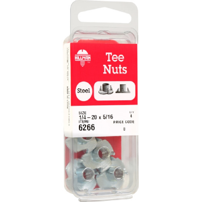 Pronged Tee Nut, Hillman, 1/4 in x 20, 4 pk - 4