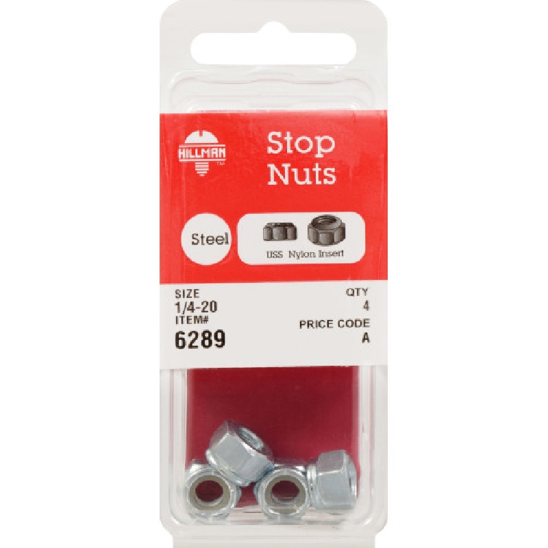 Lock Nut, Hillman, Zinc-Plated, Nylon Insert, Coarse 1/4 in x 20, USS, 4 pk - 5