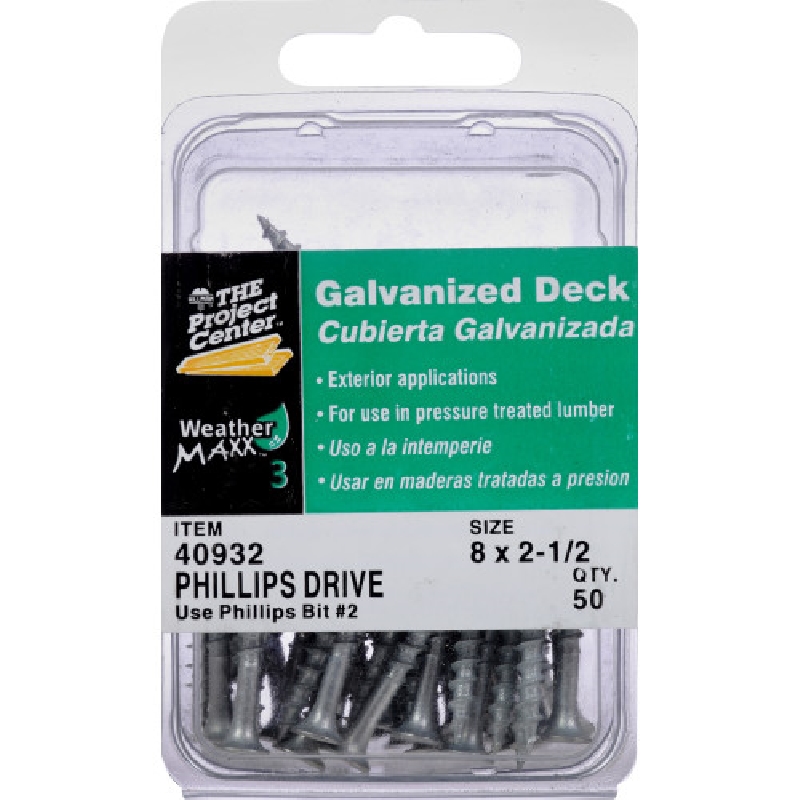 Hillman 40932 Deck Screw, #8 Thread, 2-1/2 in L, Flat Head, Phillips Drive, Galvanized, 50 PK