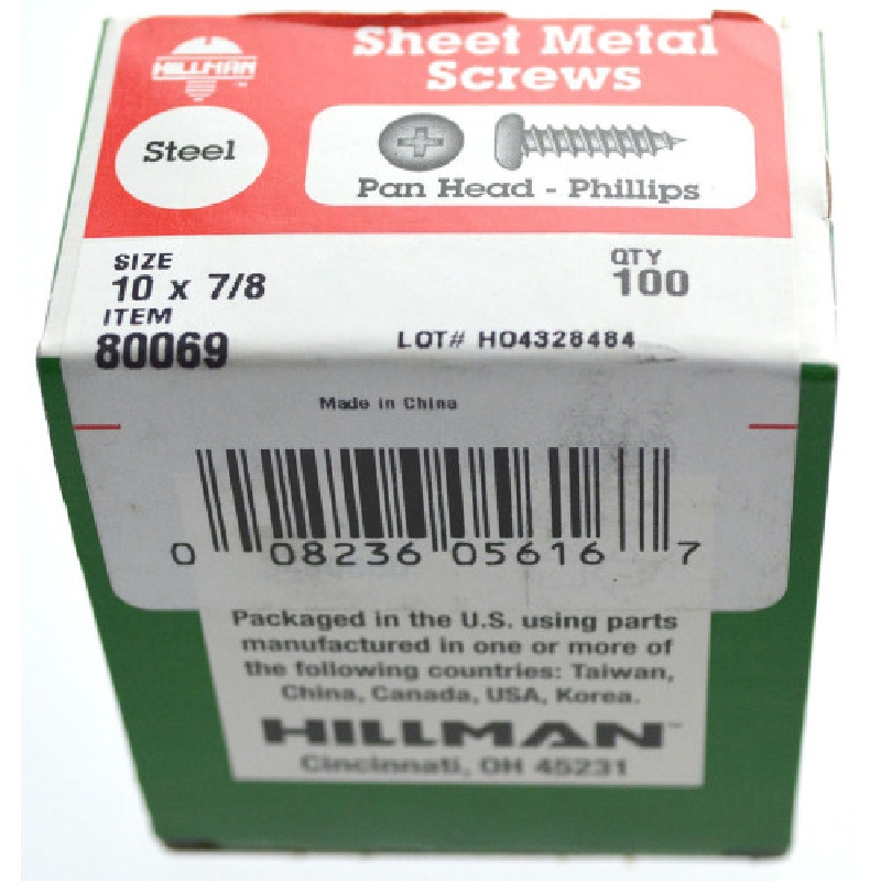 Sheet Metal Screw, Hillman, Phillips-Drive, Pan-Head, #10 x 7/8 in - 3