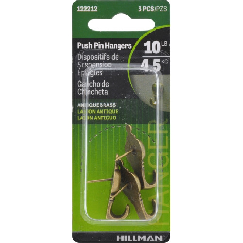 Hillman 122212 Decorative Push Pin Hanger, 10 lb, Steel, Antique Brass