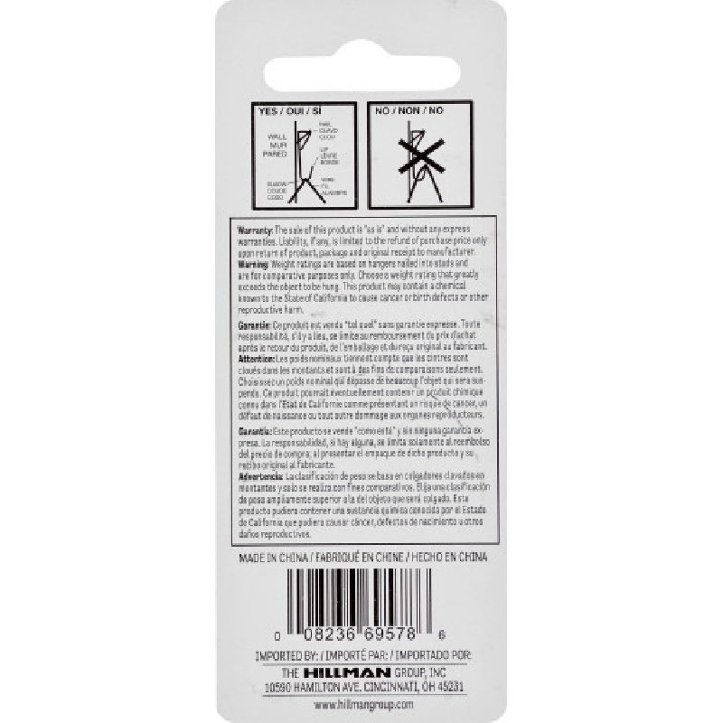 Hillman 122309 Picture Hanger, 100 lb, Steel, White